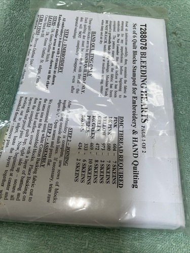 Tobin Home Crafts Bleeding Hearts Quilt Blocks Stamped For Embroidery New Sealed - Picture 2 of 7