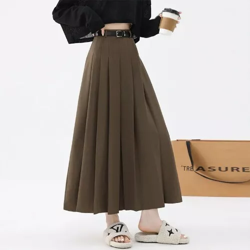 Faldas plisadas retro cintura alta para mujer faldas largas oficina informales faldas línea A - Imagen 5 de 28