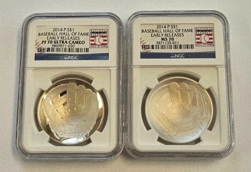 2 Coin Set 2014 NGC PF70 MS70 Early Rele Baseball Hall Of Fame $1 Silver Dollars