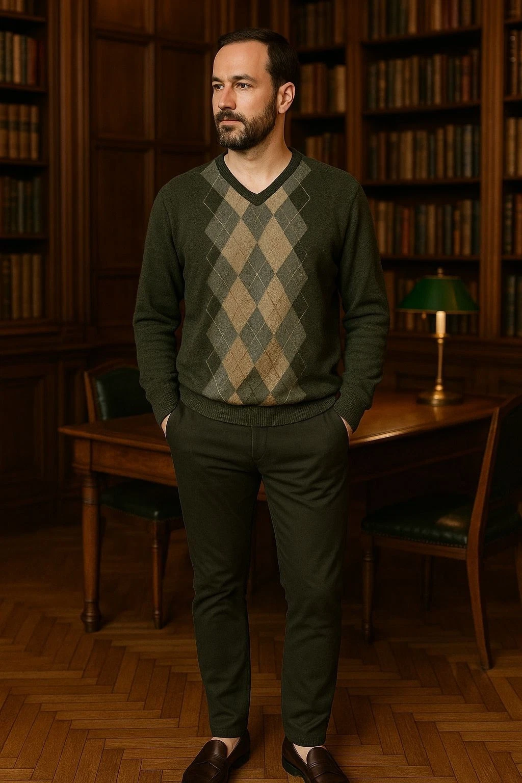 Banana Republic Wool Sweater XXL Green Argyle V-Neck Preppy Classic Y2K Vibes
