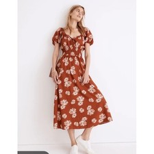 Madewell Womens Floral Midi Sophia Linen Blend Boho Rust Puff Sleeve Small Dress