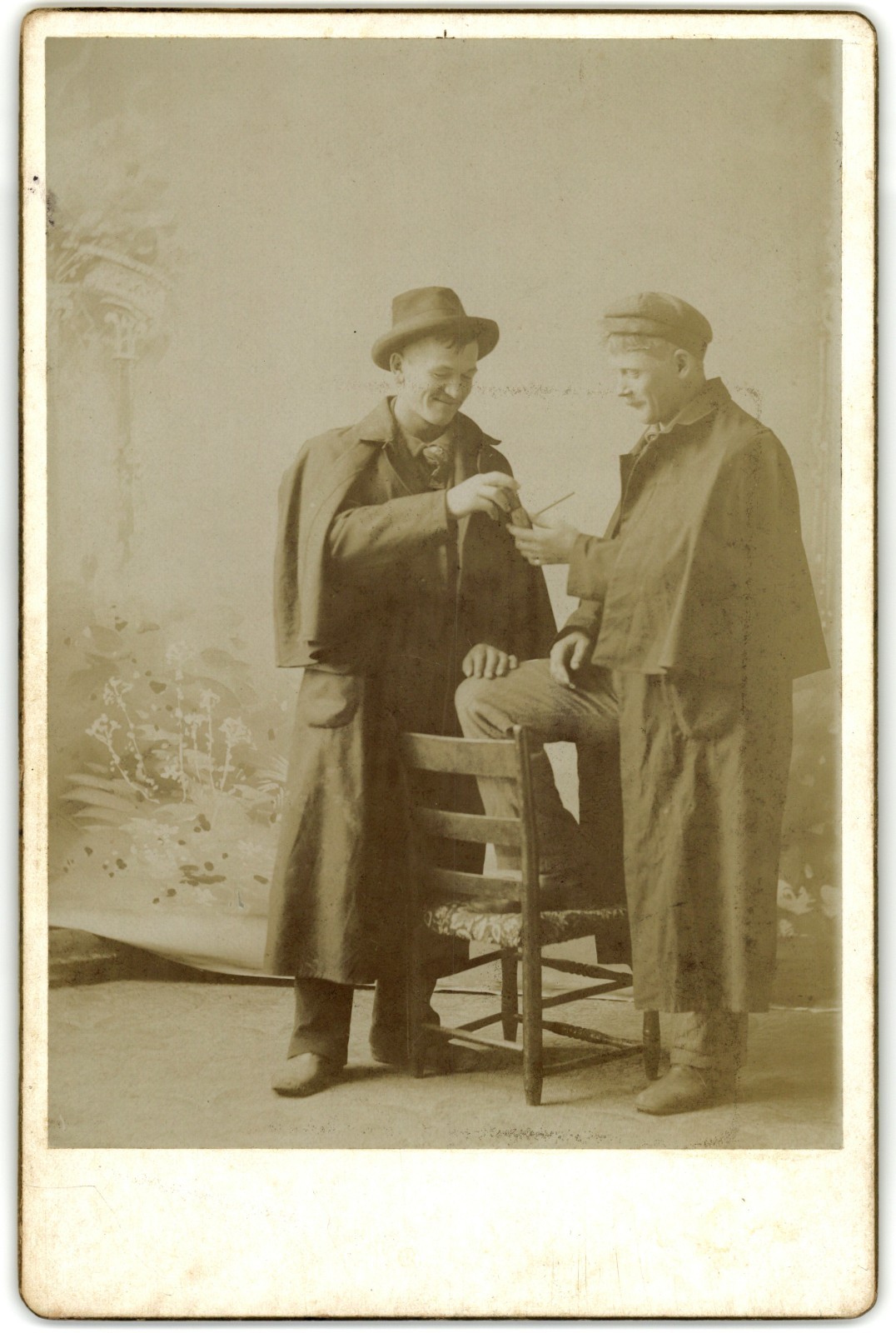 Cabinet Card Circa 1890s Two Men Smoking Pipe Wearing Detectives Clothing