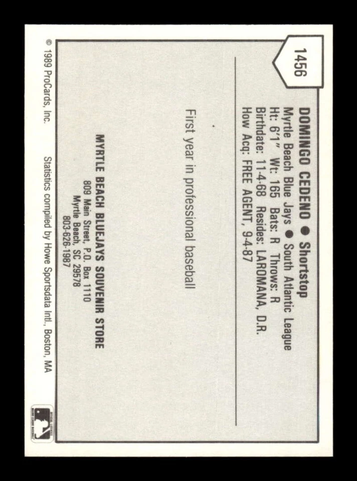 1989 Procards #1456 Domingo Cedeno NM Near Mint BXCP08 - Image 2 of 2