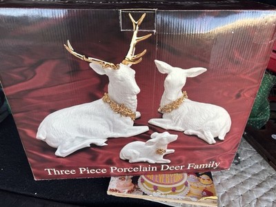 Christmas Traditions 3 Piece Porcelain Deer Family White/Gold Holiday Vintage