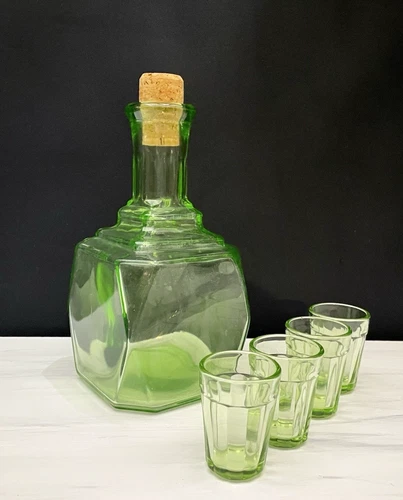 Eclectic Vintage Uranium Liquor Decanter and Shot Glass Set Depression Era USA