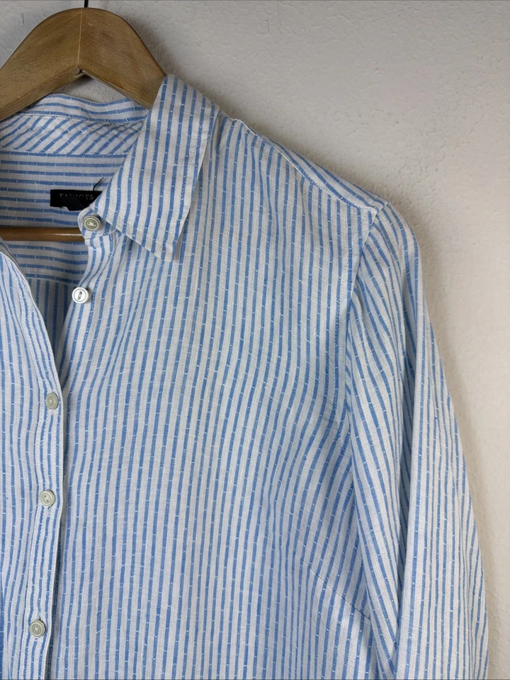 Talbots womens large petite Shirt Blue 100% Linen Striped Nautical Beach relaxed - Image 2 of 4