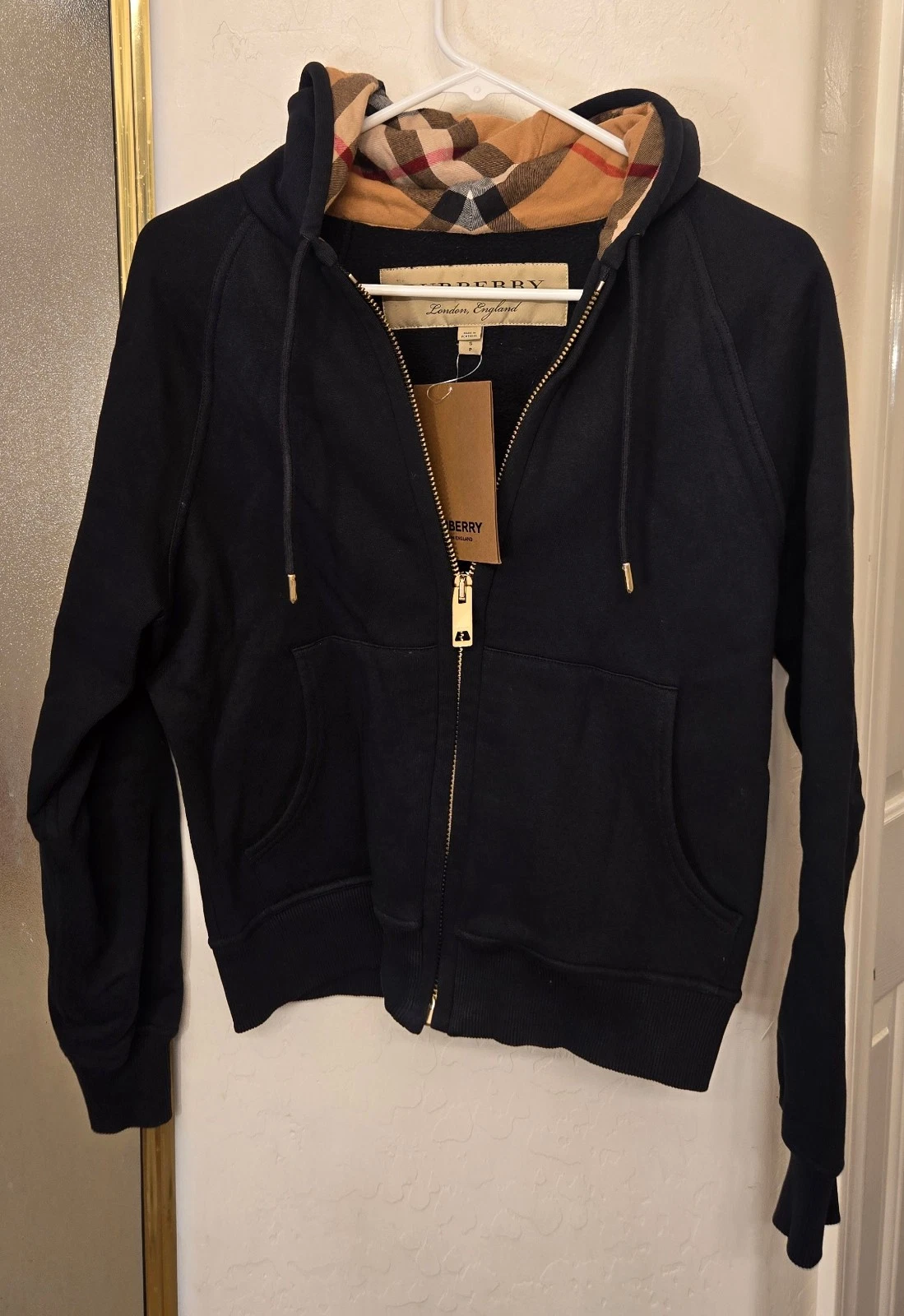 Burberry — New! Burberry 'Hooded' Sweatshirt Black Cotton Gold Trim Mens Size S MSRP $1100