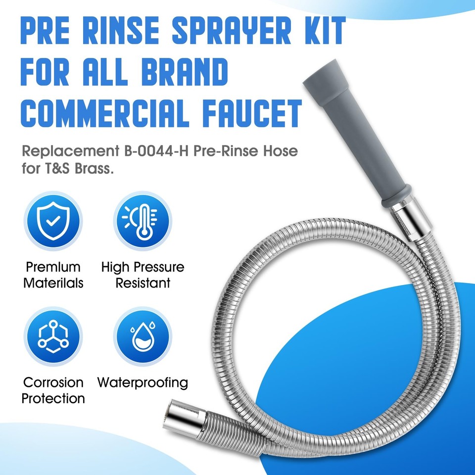 44 Inch Pre-Rinse Hose Replacement For T&S Brass - Stainless Steel, Heat Resistant Handle, Commercial Kitchen Spray Hose
