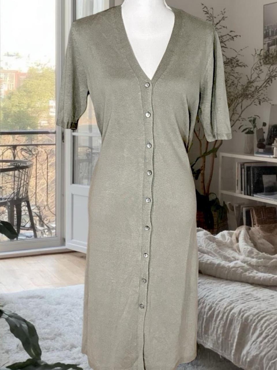 90s minimalist boho J. Jill Linen Button Down Dress Sage Short Sleeve V-Neck L