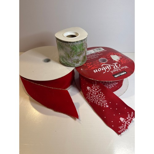 3 Spools of Wired Edged Ribbon- Red Velvet, Red Christmas Trees & Leaf Love 