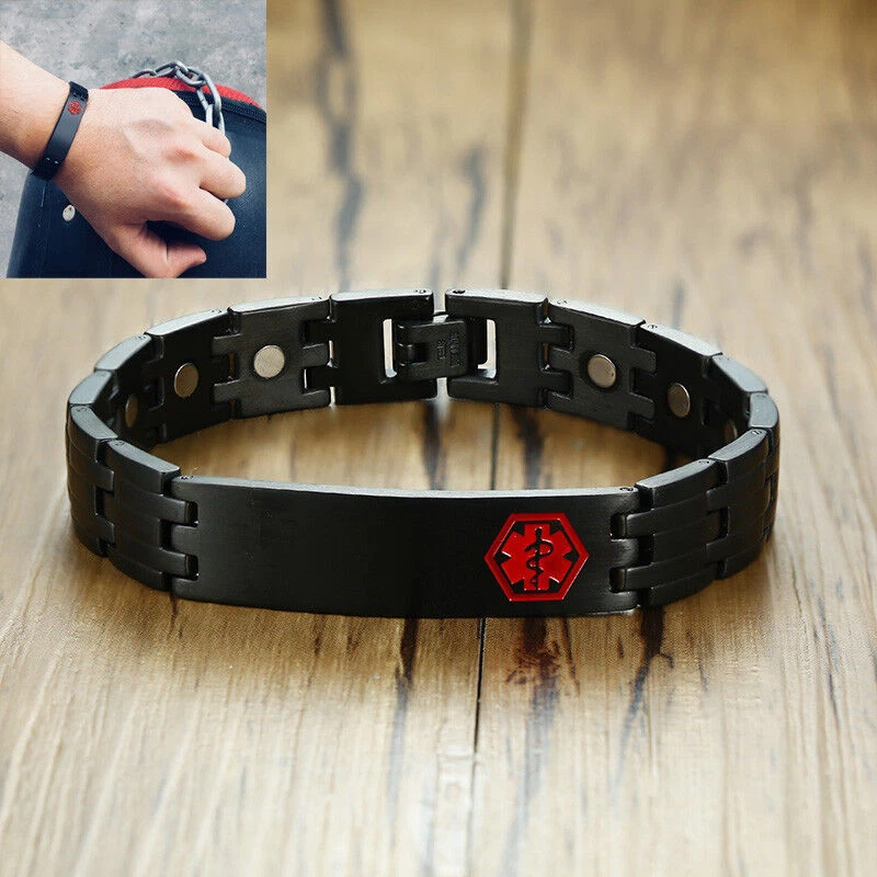 Pulsera Magnética Salud Alerta Médica Identificación Hombres Grabado Gratis Acero Inoxidable Negra Foto 3 de 4