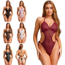 Womens See Through Mesh Bodysuit Swimwear Halter Thong Leotard Bathing Suit