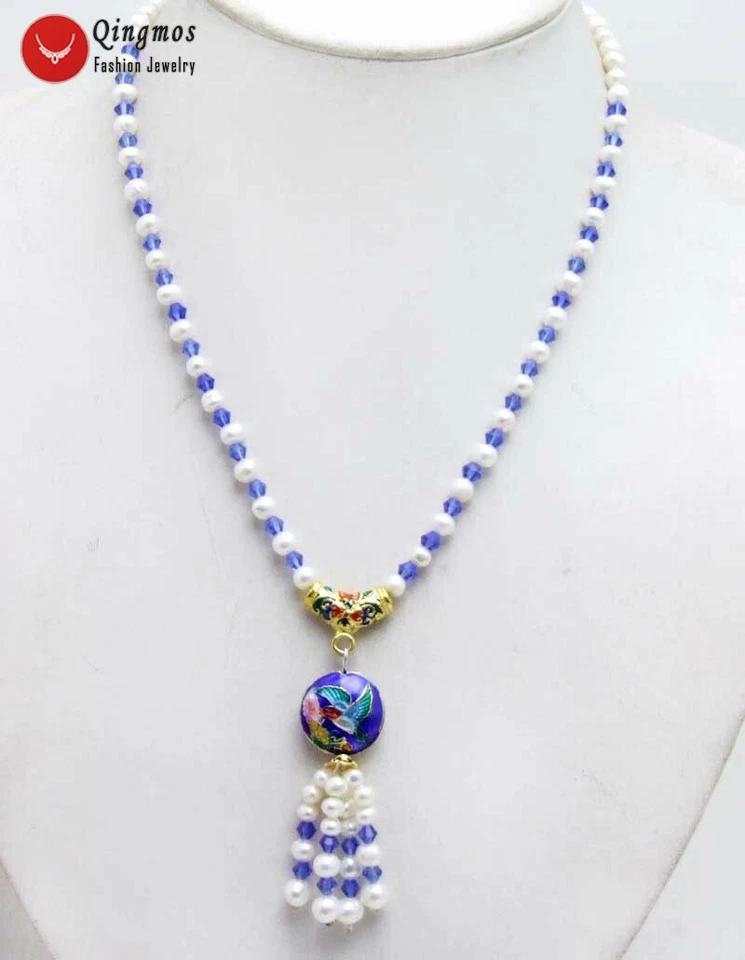5-6mm Round White Pearl Pendant Necklace for Women Blue Cloisonne 18'' Chokers - Imagem 2 de 4
