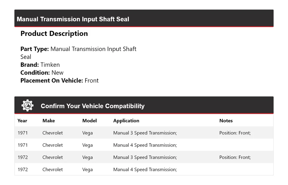 Sello de eje de entrada de transmisión manual Timken para Chevrolet Vega 1971-1972 Foto 2 de 4