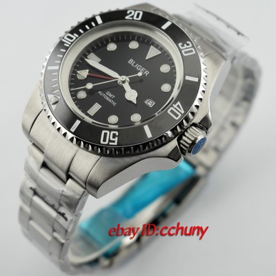 Bliger 43mm black dial Ceramic Bezel Luminous GMT Date Automatic Men Watch 2188
