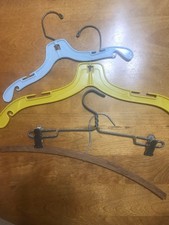 Vintage lot of 4 assorted clothes hangers, wood, metal, plastic