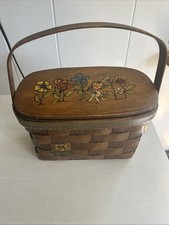 Caro Nan Signed Wood Basket lined Purse Vintage Girl/Flowers painted -Rare 