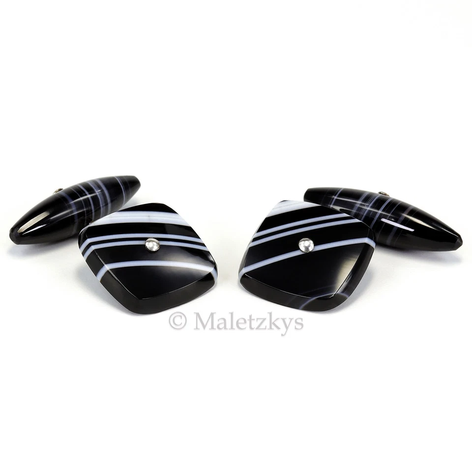 Original Historismus um 1880 - Antike Manschettenknöpfe Onyx Silber Bandachat - Bild 3 von 4