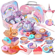 55Pcs Tea Party Set for Little Girls, Princess Tea Party Set Kid Tin Unicorn