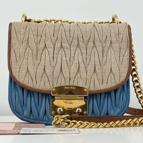 Miu Miu Shoulder Crossbody Bag Matelassé Linen Leather Blue Beige Authentic From