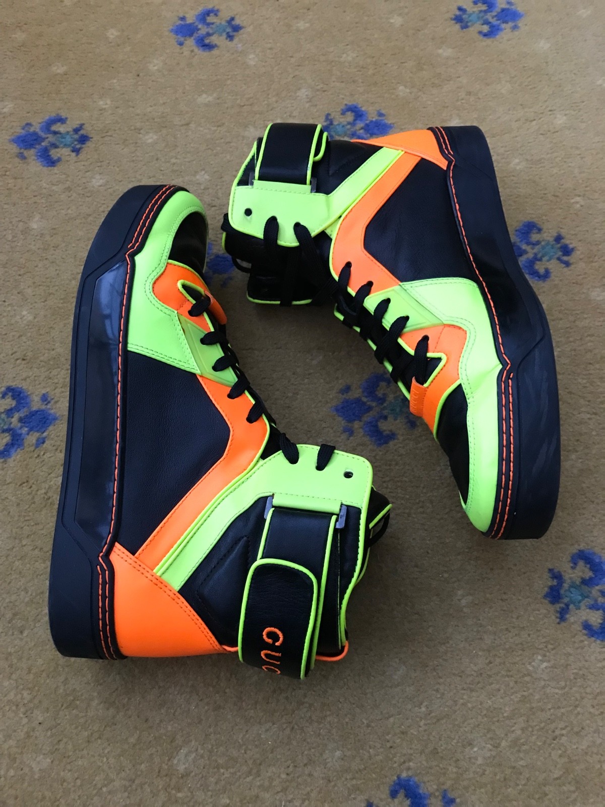 Gucci Shoes Orange Yellow Neon Trainers Sneakers High Top Mens UK 9 US 10 EU 43 thumbnail 5