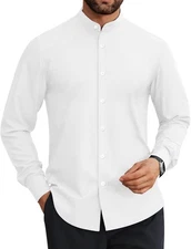 Men Long Sleeve Wrinkle Free Button Down Banded Collar Shirt
