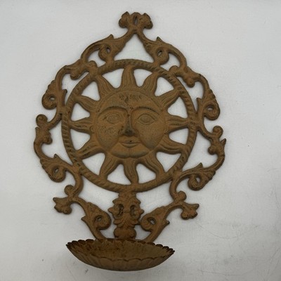 Cast Iron Sun Face Candle Holder Celestial Wall Hanger 11 X 9  Brown Tan