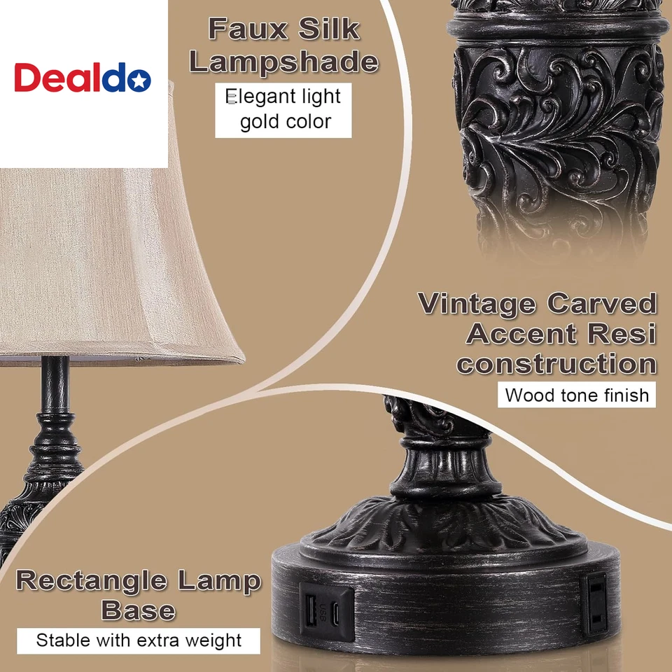 2件装26.8英尺老式台灯带双USB充电端口和交流插座,Trad — 第 3/4 张图片