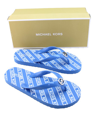 New MICHAEL KORS Women's 7 Blue / Silver Metal MK Charm Logo Flip Flops MSRP $75