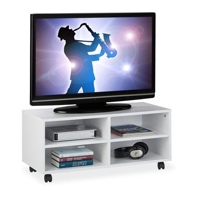 Tv board Fernsehtisch 4 Fächer TV Lowboard TV Regal mit Rollen TV Möbel weiß - Bild 1 von 4