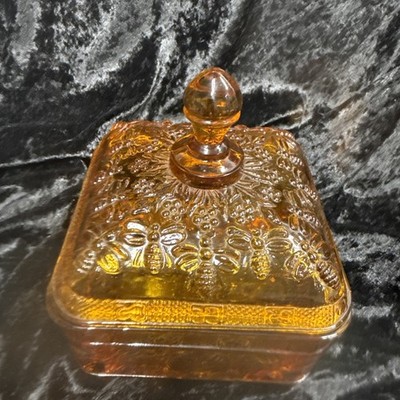 Vintage Tiara Amber Honey Bee Box Glass Square Candy Dish with Lid