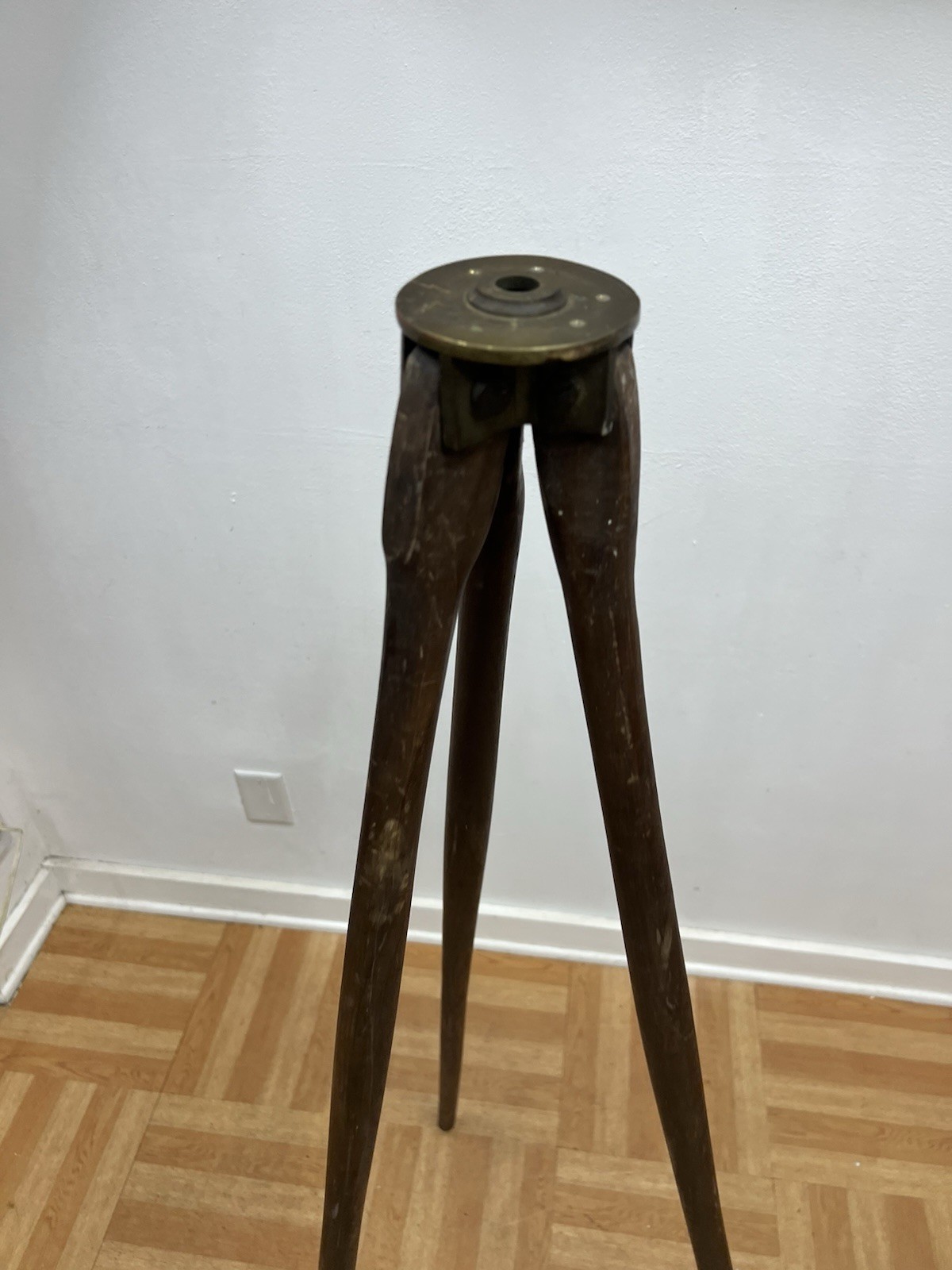 Vintage WOOD TRIPOD rustic decor transit light stand survey industrial brass 4'