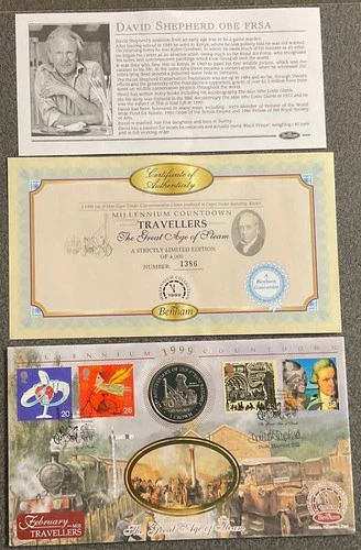 DAVID SHEPHERD,FEBRUARY TRAVELLERS,RARE HAND SIGNED COIN & STAMP FDC.CROWN 1998