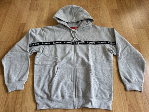 Sweat à capuche zippé à rayures textuelles Supreme FW19 gris bruyère homme taille L (pas BOGO) neuf