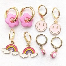 18k Gold Plated pink rainbow Indie evil eye Hoop Earrings new