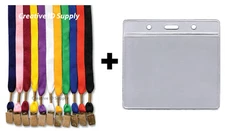 LANYARD - Lot of 10 Flat ID Neck Lanyard with Bulldog Clip + 10 ID Badge Holders