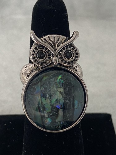 Owl Silver Tone Stretchable Ring with Green Black Stone Black Eyes 1.2" - Picture 2 of 12