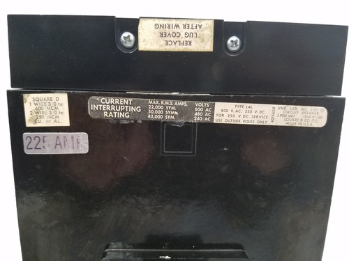 LAL36225 SQUARE D 225A LAL Circuit Breaker WITH LUG COVERS - Picture 3 of 8