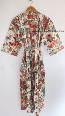 Women 100% Cotton Bird Print White Lingerie Night Gown Sleepwear Kimono Robe