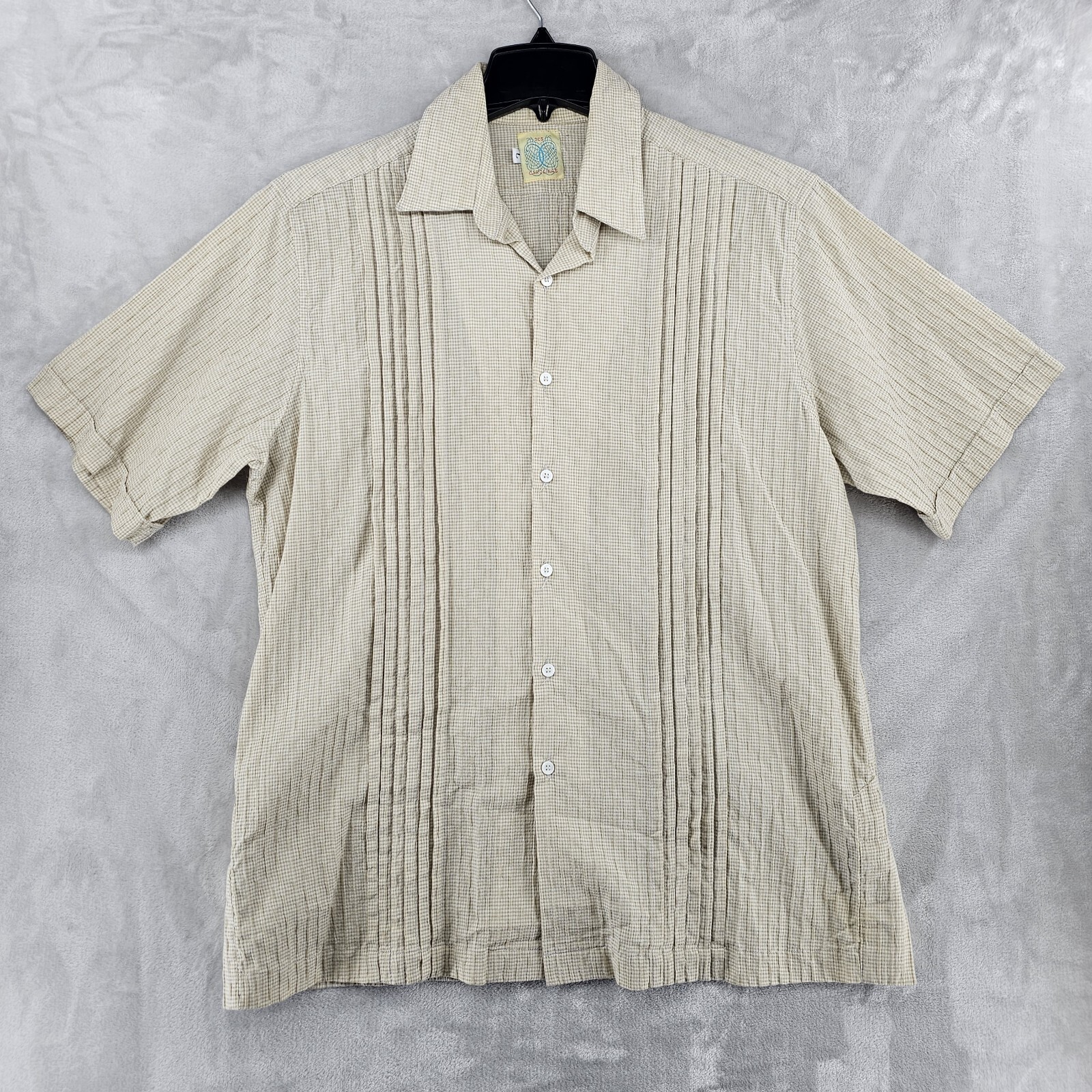 Vintage Dos Carolinas Guayabera Shirt Mens Large Beige Short Sleeve