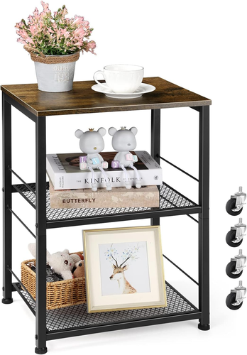 Side Table Small with Wheels Industrial Night Stand Storage Shelf 3 Tier Wood En - Picture 8 of 8