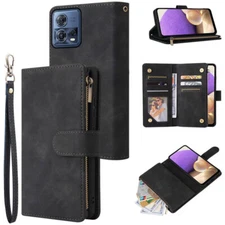 Motorola Moto S30 Pro Wallet Case Zipper Pocket Flip Card Wrist Strap Kickstand