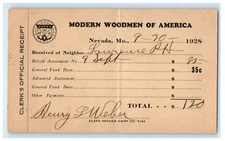 1928 Modern Woodmen of America Clerk's Official Reciept Nevada MO Postcard