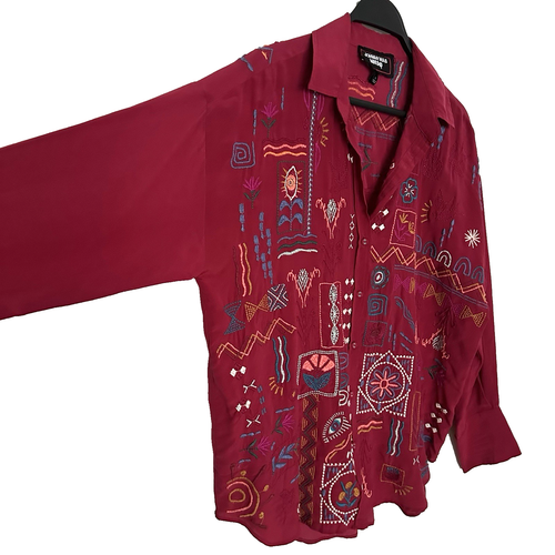 Johnny Was 100% Silk Blouse Red Embroidered Art To Wear Women's S $315 - Picture 7 of 10