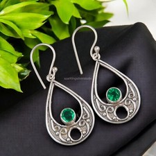 Green Emerald Gemstone Birthday New Dangle Trendy Earrings 925 Sterling Silver