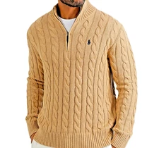 NWT - Polo Ralph Lauren Men's 1/4 Zip Cable Knit Cotton Sweater: CAMEL - M - XXL