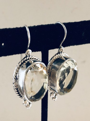 Signed 925 Sterling Silver Smokey Grey Quartz Big Pierced Hook Dangle Earrings - Picture 2 of 10