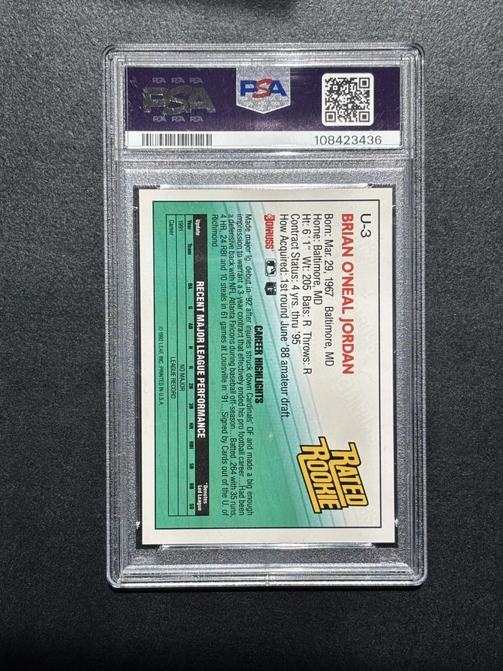 1992 年 Donruss 更新 Brian Jordan 评级新秀 RC PSA 9 新板 - 超级罕见! — 第 2/2 张图片