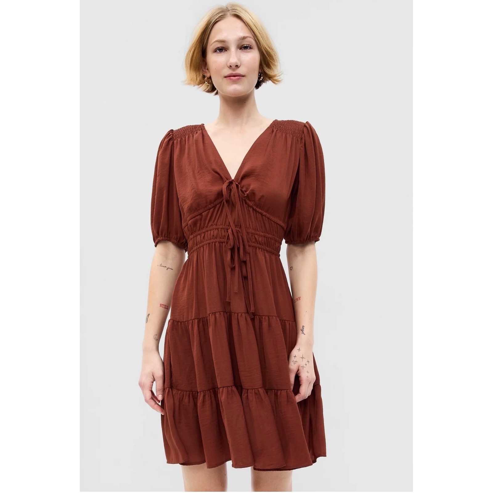 GAP Women Rust Orange Tie-Front Tiered Mini Dress