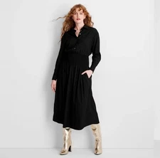 NWT~ Future Collective sz L Black Collared Long Sleeve Smocked Dress Midi 2960